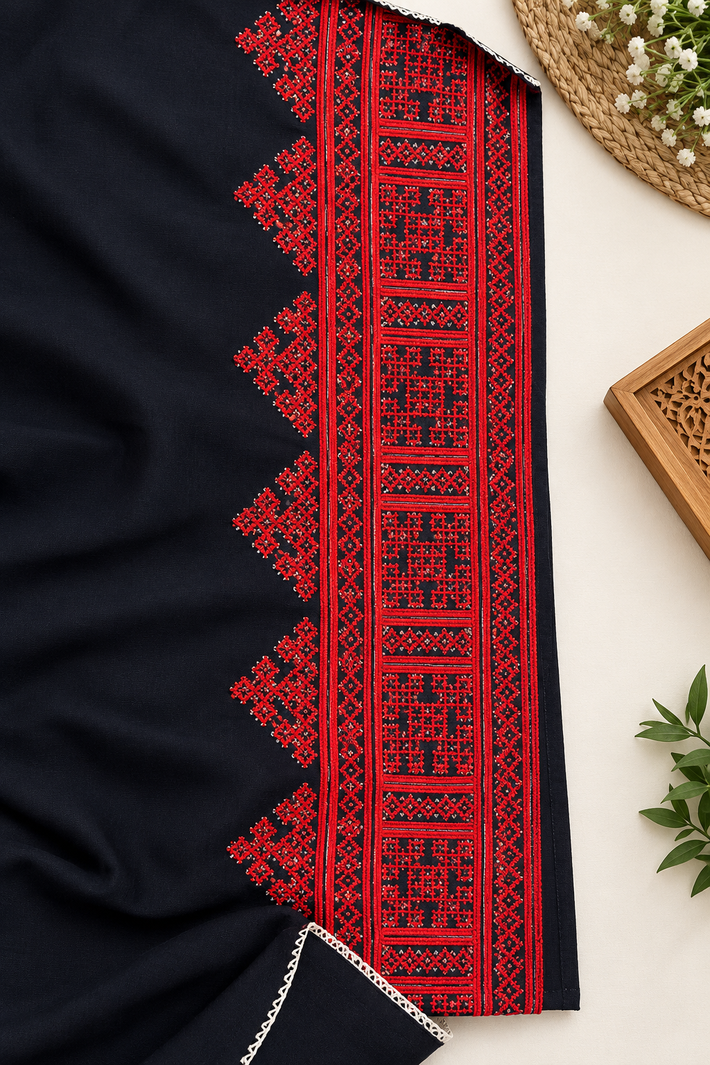Premium Balochi Danko Design Fabric – Black & Red Heavy Embroidery