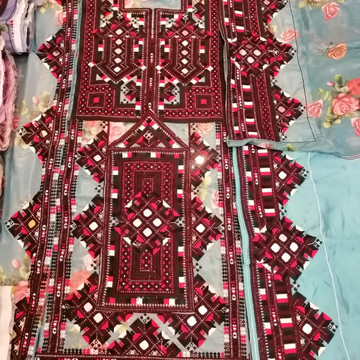 Voile Laser Embroidered Fabric with Geometric Pattern Ready-Made