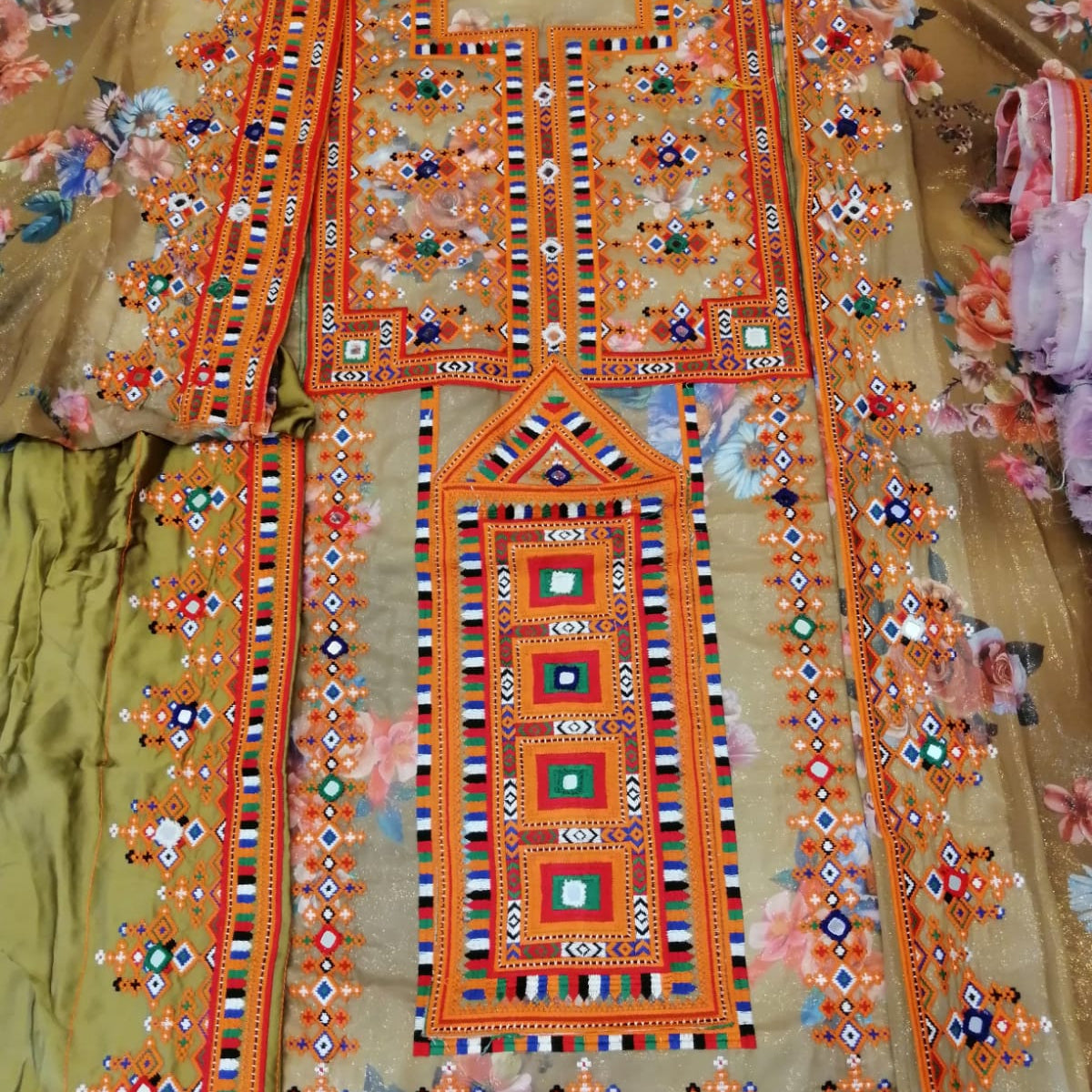 Premium Voile / Laser Fabric – Digital Floral & Ethnic Border Design