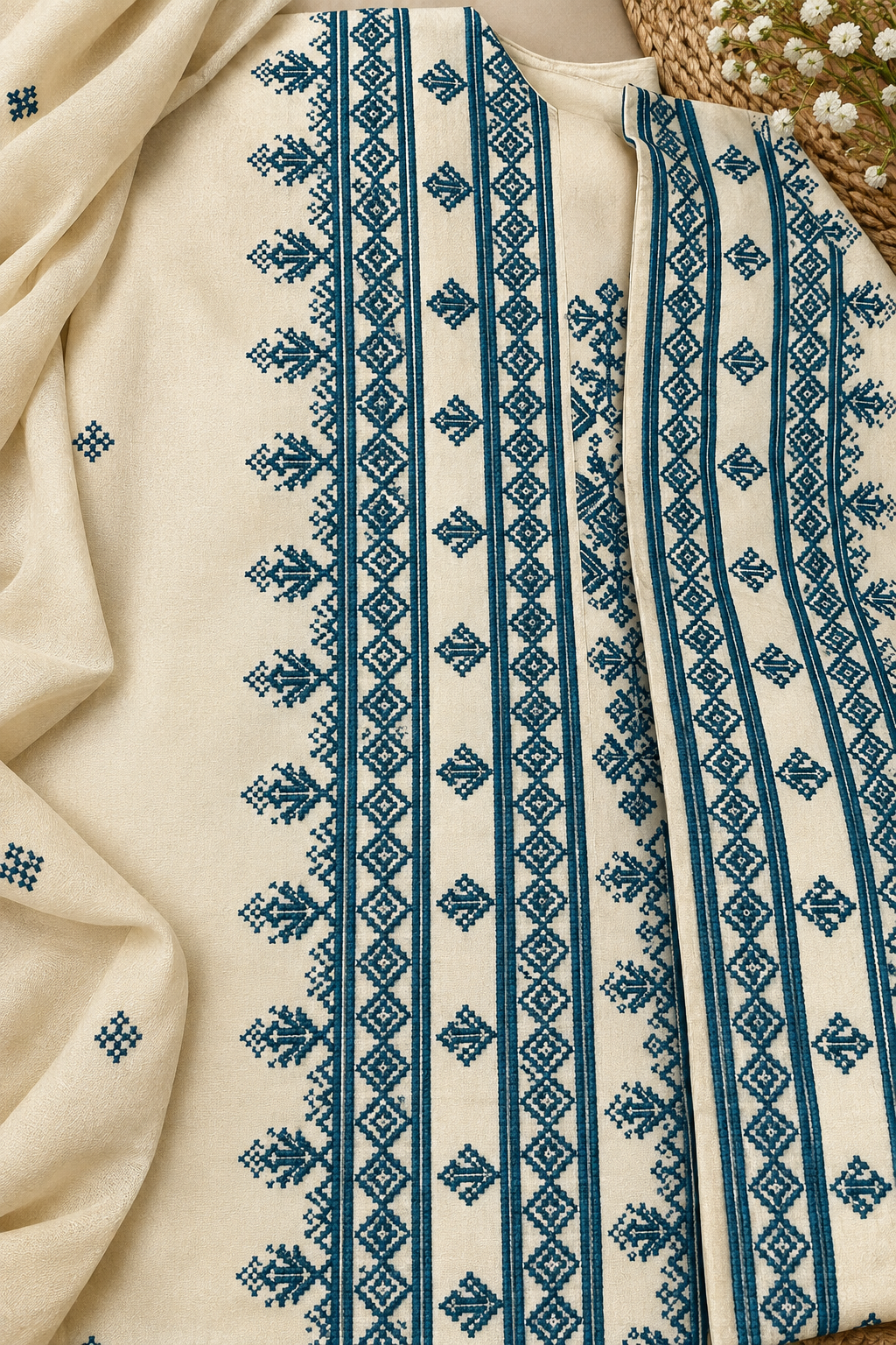 Premium Balochi Danko Design Fabric – Cream & Teal Heavy Embroidery