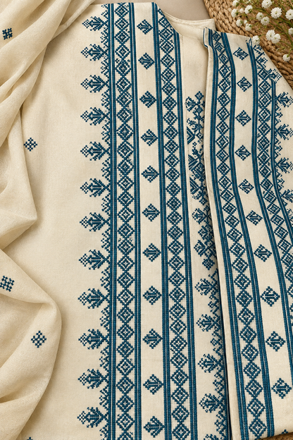 Premium Balochi Danko Design Fabric – Cream & Teal Heavy Embroidery