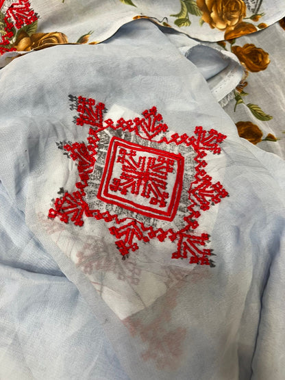 Premium Balochi Danko Design Voile Fabric – Red & White Heavy Embroidery