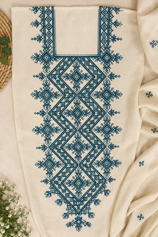 Premium Balochi Danko Design Fabric – Cream & Teal Heavy Embroidery