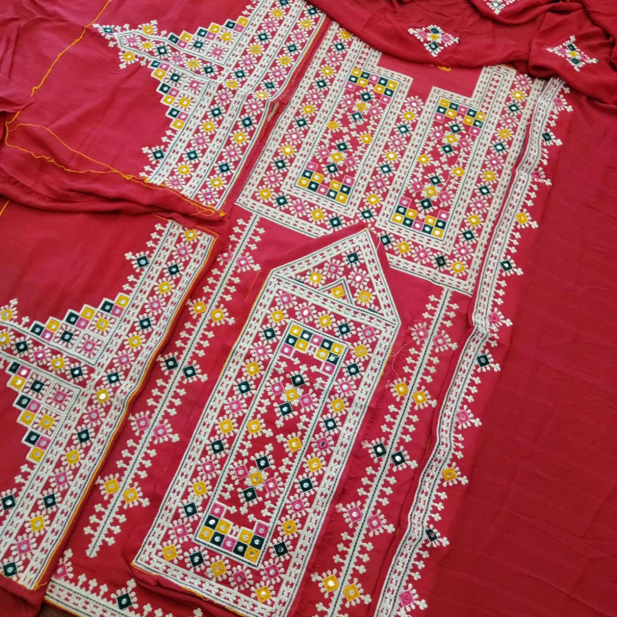 Red Palivar Design Embroidered Fabric with Traditional Geometric Pattern